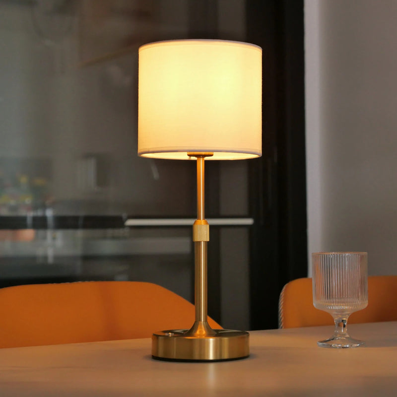 Table Lamp Copper White Linen Fabric USB Touch Cordless Dimmer Reading Table Light