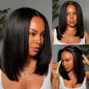 7x5 Lace Pre Layered Side Part Yaki Straight Wig Human Hair Glueless Wig Short Bob Wigs 150% Density