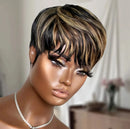 Highlight Wig Human Hair Short Pixie Cut Wigs with Bangs Layered Cut Wigs