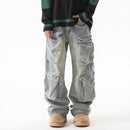 Men's Denim Pants Pleated Large Pocket Straight Jeans Loose Wide Leg Male Trousers