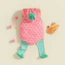 Pink baby outfit with green accents on a beige background, Obroi