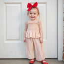 Toddler Baby Girl Summer Outfit Ruffled Trim Smocked Tops and Ripple Texture Pants 2 Pcs Set 0-4T