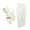 One Shoulder Ruffle Bikini Set With Cover Up White Belt Swimsuit Swimwear Women Beachwear