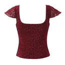 Front Bow Slit Wine Red Floral Crop Blouse For Women Square Neck Summer Sweet Tops