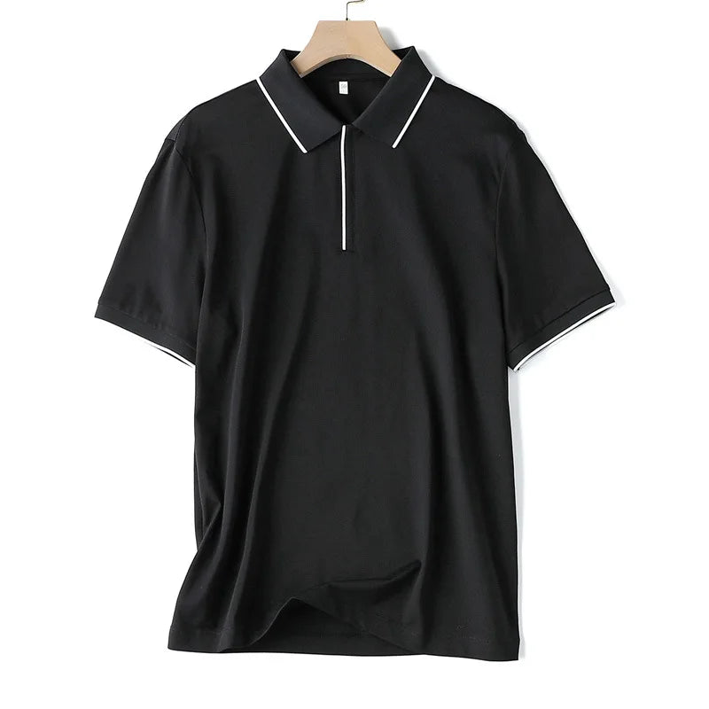 Men Polo Shirt Silk Cotton Blend Short Sleeve Chic Smart Casual T Shirts Spring Summer Top