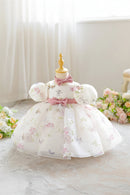 Girl Print Bow Mesh Ball Gown Elegant Princess Prom Host Formal First Birthday Evening Cocktail Dress