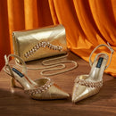 Inspired Gold Rhinestone Pointed Toe Women Shoes and bag Set Elegant Shoes