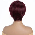 Mannequin head with burgundy wig on a white background, featuring the brand 'Obroi'.