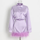 spring Women Dress Feathers Patchwork Long Sleeves Shirt Dresses Black Purple Vintage Sexy Autumn Women