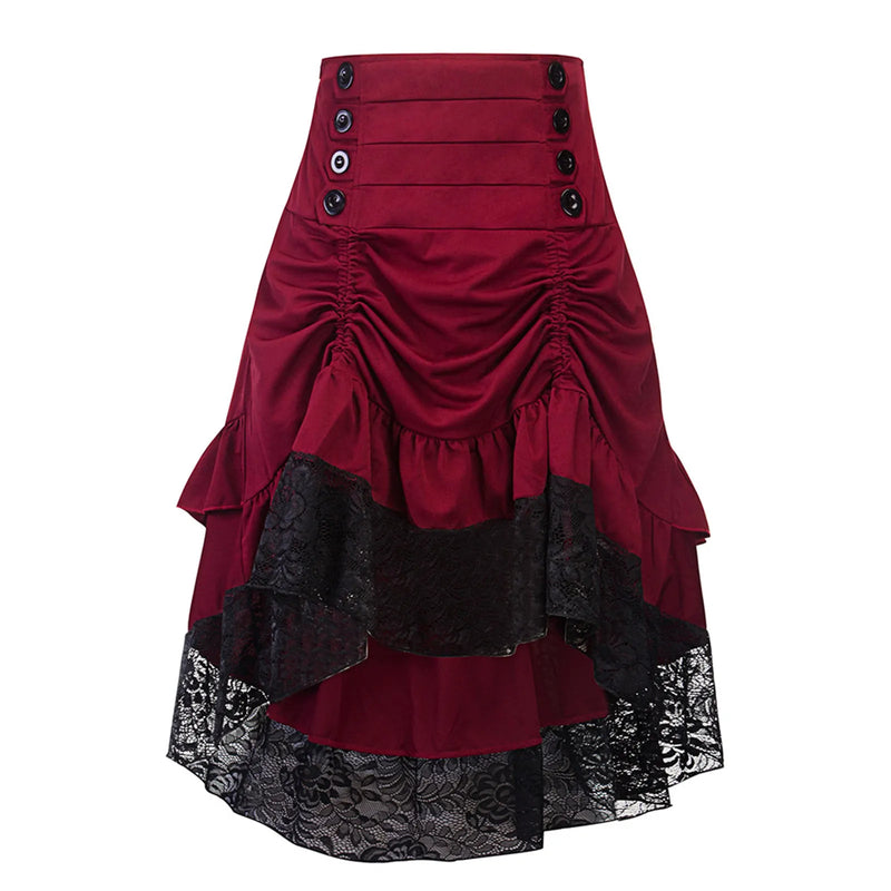 Halloween Half Skirts Gothic High Waist Button Lace Stitching Drawstring Irregular Skirt Medieval