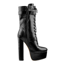 Women Black Matte Platform Zipper Ankle Boots Round Heels Heeled Metal Plates Buckle  Boots