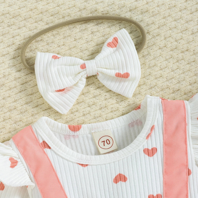 Spring Autumn Valentine's Day Infant Baby Girls Fall Outfits Long Sleeve Heart Bodysuit Suspender Dress Headband Set