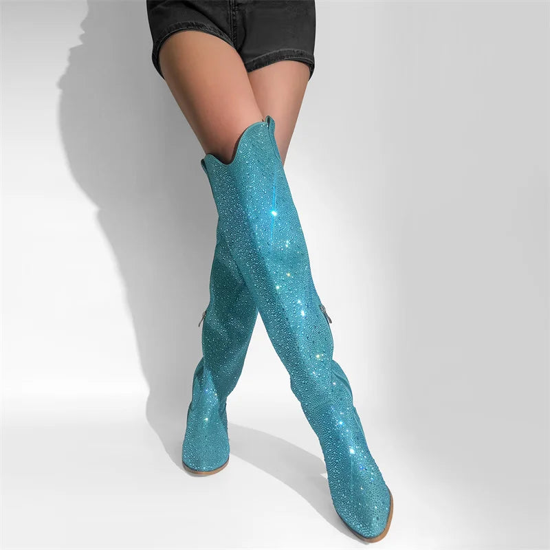 Women Pointed Toe Blue Rhinestone Over The Knee Boots Heel Handmade Female Bling Boots