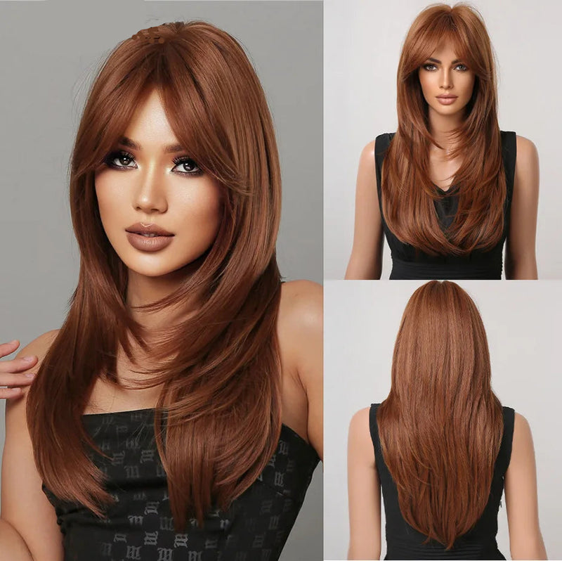 Long Blonde Layered Wigs With Curtain Bangs Light Blonde Straight Wig Natural Women Wavy Hair Daily Party