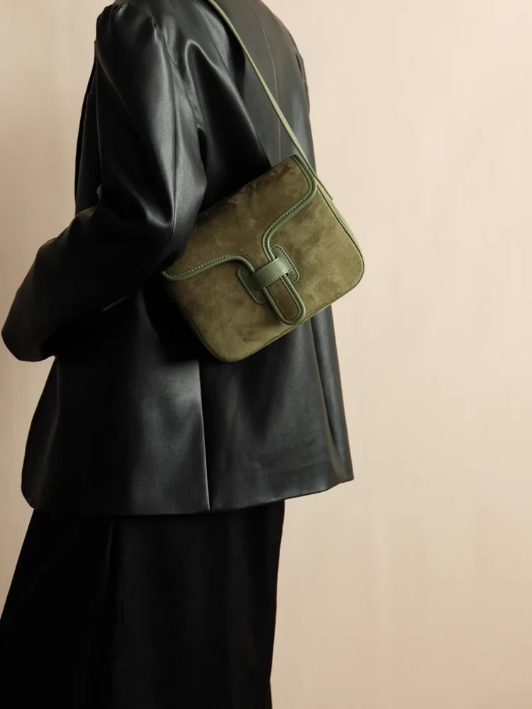 Green Retro Simple Suede Genuine Leather Women Bag Handbag Nice Casual Real Leather Lady Underarm Shoulder Crossbody Bag