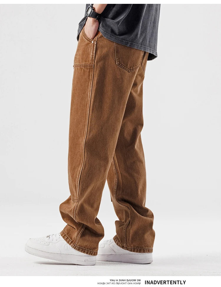 Brown Jeans for Mens Spring and Summer Straight Pocket Decorative Pants