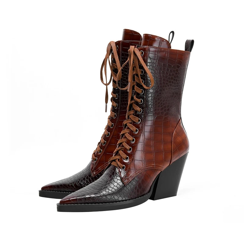 Women lace up pointed autumn and winter thick heels western short boots