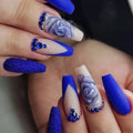 Press on Nails French Tip Nails with Flower Designs Acrylic Nails Coffin Blue Glue on Nails Rhinestone Stick on Nail