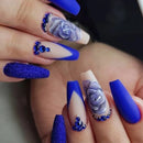 Press on Nails French Tip Nails with Flower Designs Acrylic Nails Coffin Blue Glue on Nails Rhinestone Stick on Nail