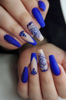 Press on Nails French Tip Nails with Flower Designs Acrylic Nails Coffin Blue Glue on Nails Rhinestone Stick on Nail
