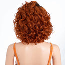 Red curly wig on a mannequin head with 'Obroi' branding.
