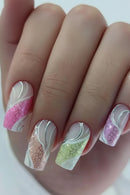 Neon Short Press on Nails Square Pink Nails with Glue Acrylic Nails with Designs