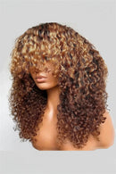 A shoulder-length curly wig with dark brown and golden blonde highlights, displayed on a mannequin head against a light gray background, Obroi