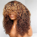 A shoulder-length curly wig with dark brown and golden blonde highlights, displayed on a mannequin head against a light gray background, Obroi