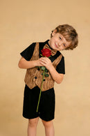 Child in formal attire holding a red rose against a beige background, Obroi