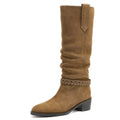 Leather Knee High Boots Women Mid Heels Western Boots Autumn Winter Botas
