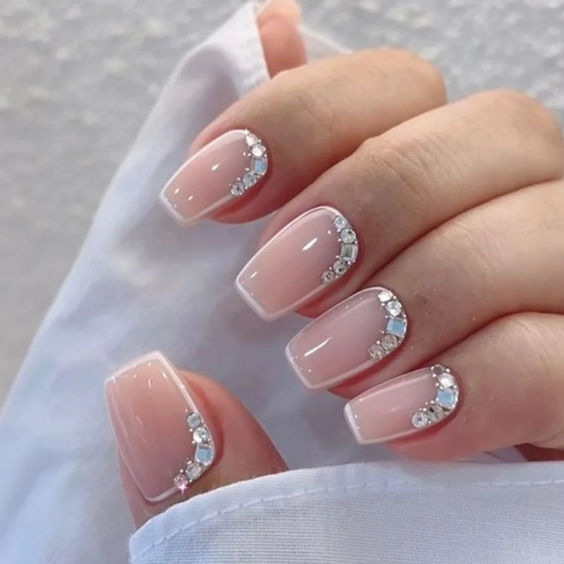 24pcs Pink Gradient False Nail Art Flower Design Stick on Nails Sets Mid-length Square Press on Nails Tips