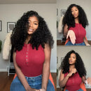 Woman in a red top and blue jeans sitting on an orange chair, with a collage of three images showing different angles, Obroi
