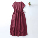 Summer Elegant Woven Linen Midi Dress Women Casual Slim Waist Drawstring Dresses Retro