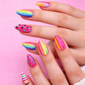 Striped Nails Short Almond Press on Nails Summer Glossy Glitter Stick on Nails
