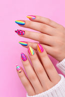 Striped Nails Short Almond Press on Nails Summer Glossy Glitter Stick on Nails