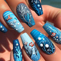 Nails with blue ocean-themed design featuring fish and coral on a light skin background, Obroi