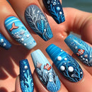 Nails with blue ocean-themed design featuring fish and coral on a light skin background, Obroi