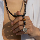 Black Beaded Chain Compass Long Pendant Necklace for Men Beads Tassels Collar on the Neck Male