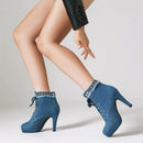 Short boots denim material lace up high heels with rivets decoration platform women's shoes