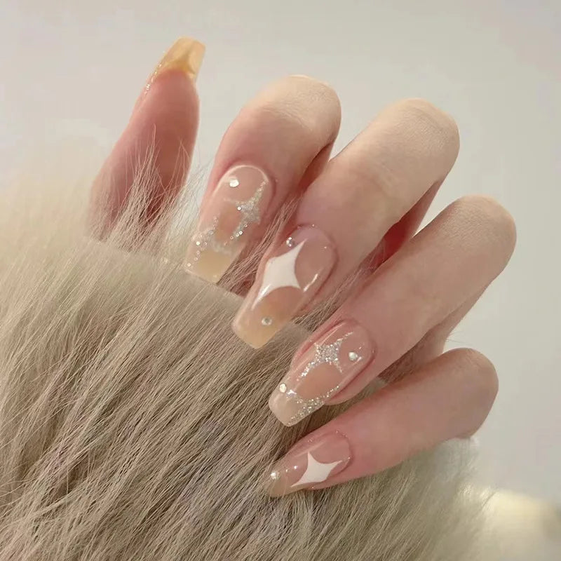 24Pcs Galaxy Glitter Coffin Detachable Gel Nail Tips Glow in Dark Starry Shimmery Star Pattern Press on Nails