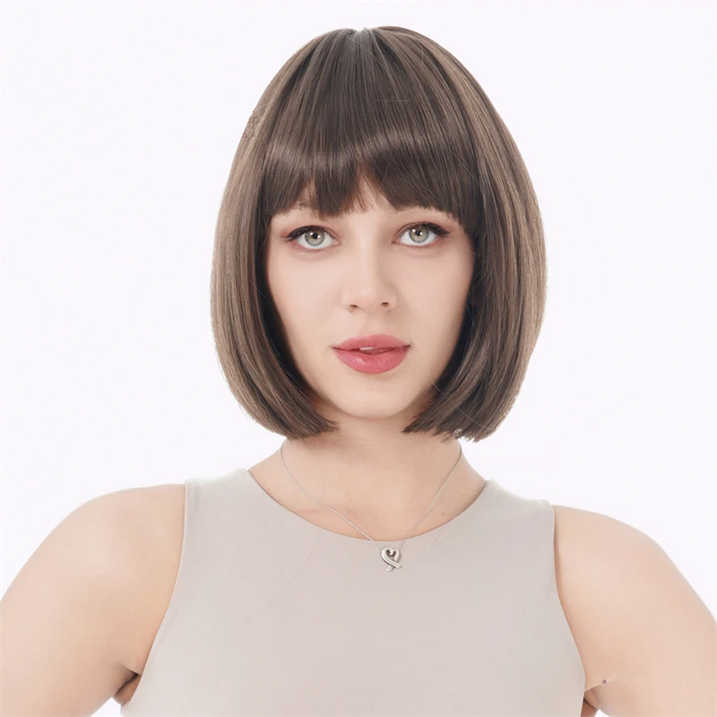 Bob Short Straight Brown Swept Bangs Full Synthetic Wig