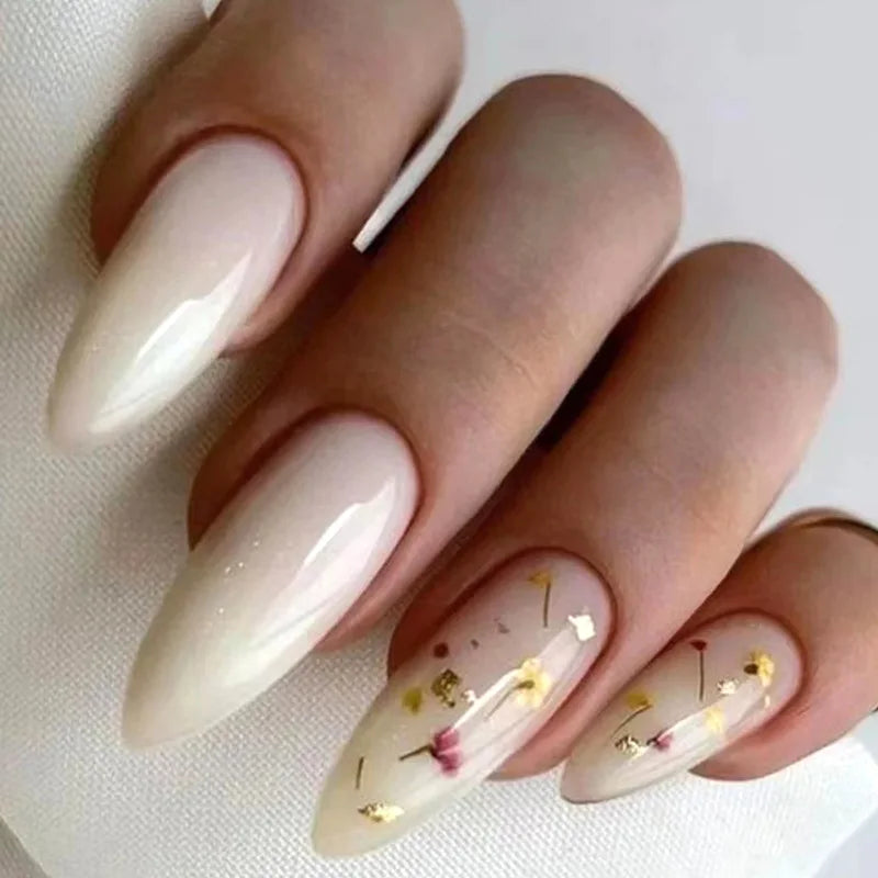 Almond False Nails Gold Foil Floral Nail Art Press on Nails Fake Nails Glitter DIY Manicure Nail Tips