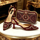 Women Shiny Silver Slingback Heel Matching Bag Set Sparkly Rhinestone Embellished Pumps