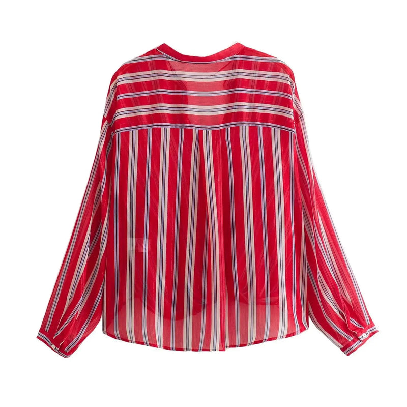 Spring Women's Clothing Stand Collar Striped Partial Transparency Shirt Top Women's Blouse
