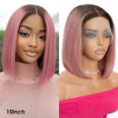 Side-by-side comparison of a woman with pink hair and a mannequin head with pink hair, both labeled '10inch', Obroi