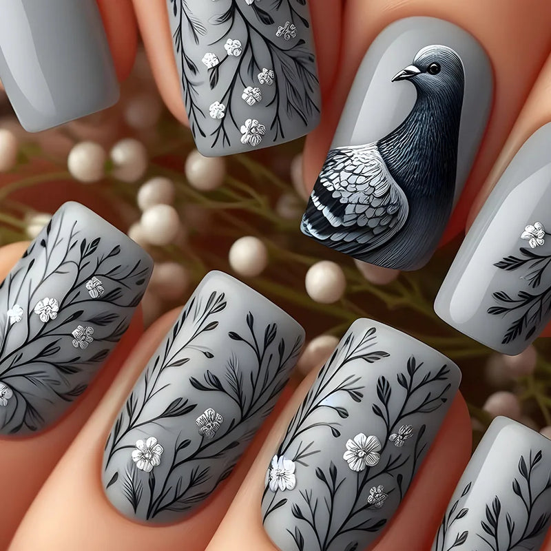 Press on Nails with Pigeon Flower Fake Nails Press on Nails Short Square Wearable False Nails for Women