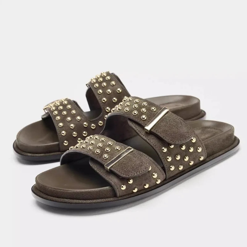 Brown sandals with gold studs on a white background, Obroi