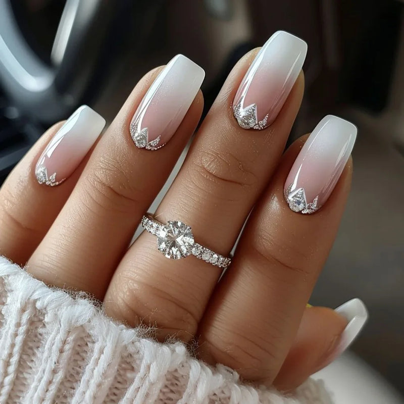 Gradient Pink False Nail Glitter Design Press on Short Square Reusable Ballet Nails Art Finished