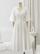 Women Dress Summer White Puff Sleeved Slim Solid Knee-Length Elegant Female Clothing