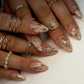 24pcs Glitter Diamond Pearl Press on Nails Gold French Acrylic Nail Silver Nails Gold Sun Nail Almond Nail